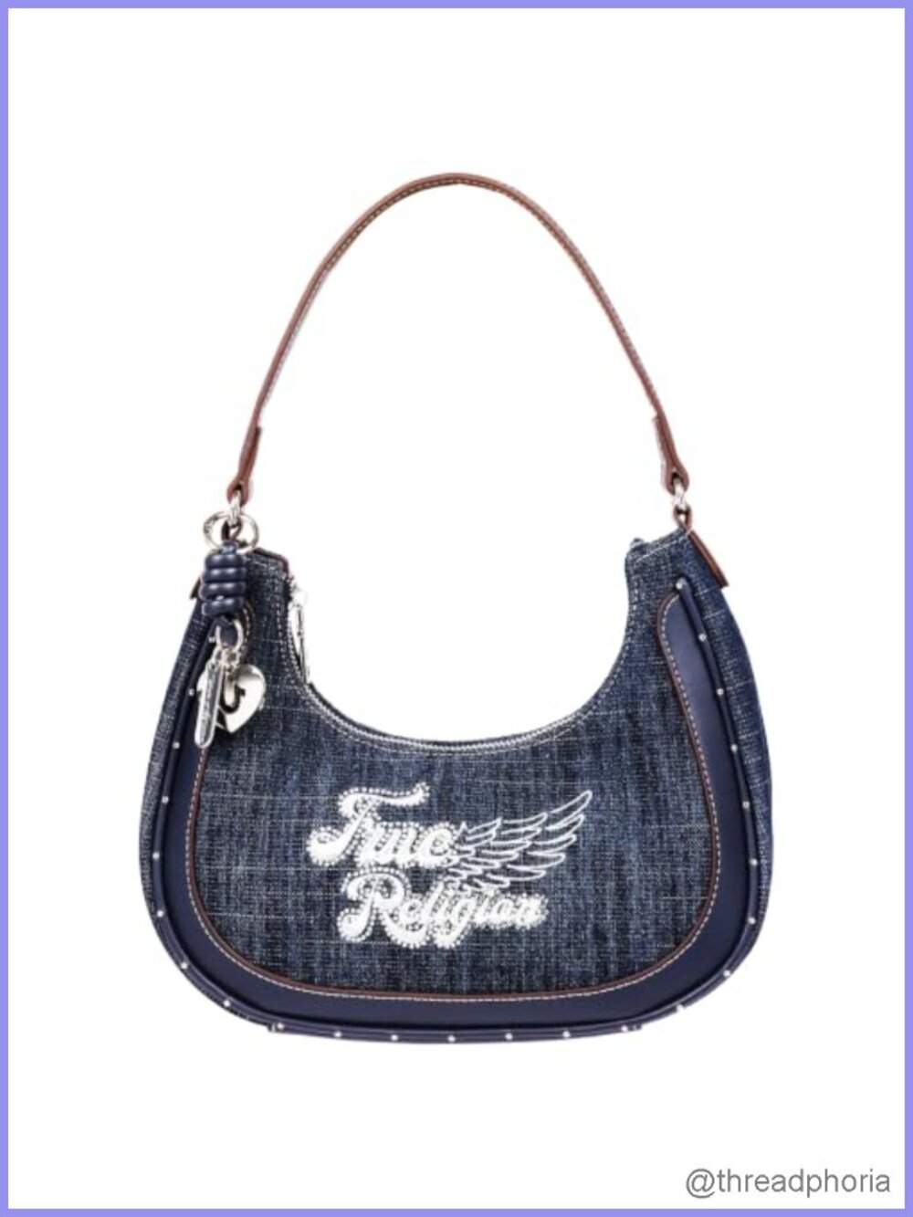 Hobo Bag with Wing Motif Embroidery Silver-Tone Studding Zip Closure